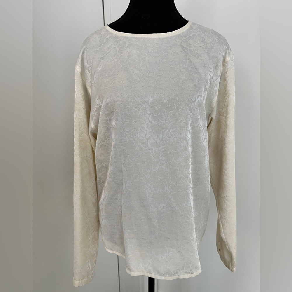 JAEGER Vintage Floral Jacquard Blouse Buttons Neutral Classic Business Chic